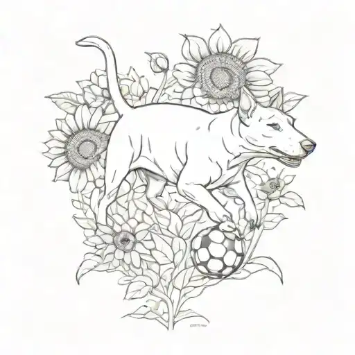 A Bullterrier Playing Soccer On A Field Of Sunflowers