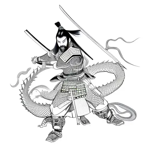 A Samurai Drawing His Katana And A Dragon In The Background