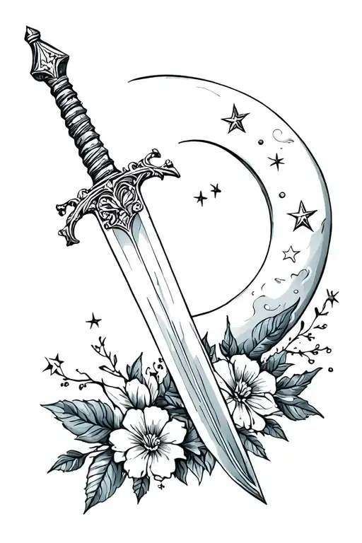 Sword With Stars And Moon And Flowers