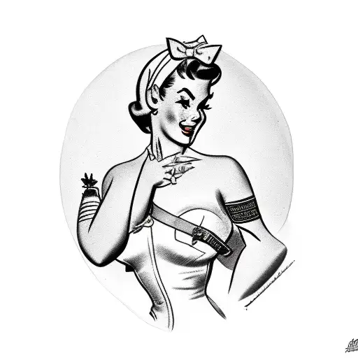 50S Pin-up Girls Bust In Figting Pose With A Breast Cancer Tattoo On Her Arm Bandana In Her Hair