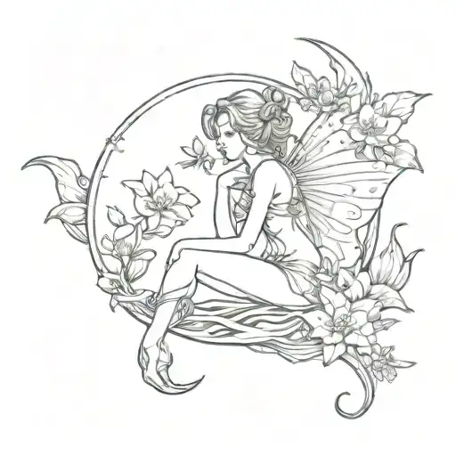 Small Silhouette Of A Fairy Sitting On A Crescent Moon With Water Lillies And Violets