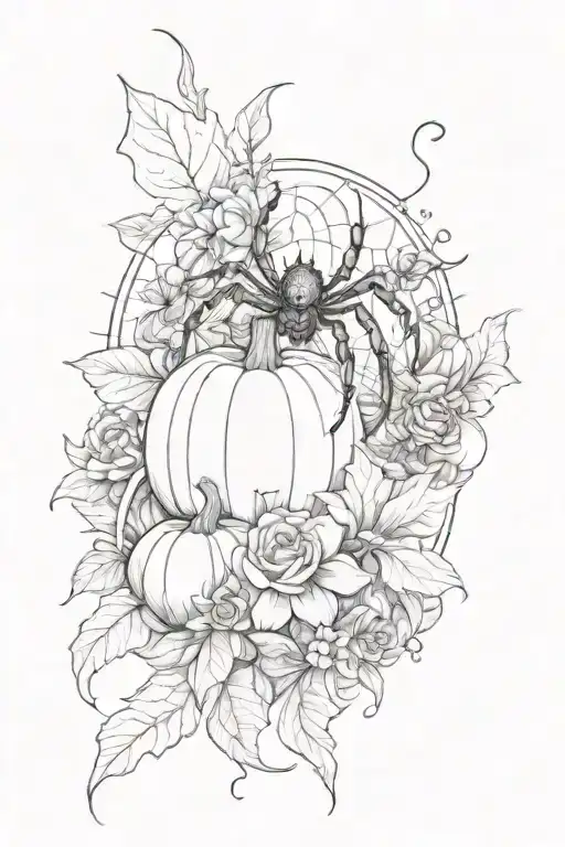 Flowers And Spider With Hearts And Some Pumpkins