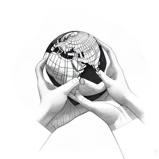 Two Hands Reaching For Each Other With A Globe Between