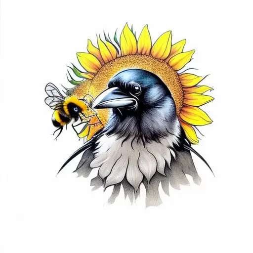 Raven And A Sunflower With Bumblebees