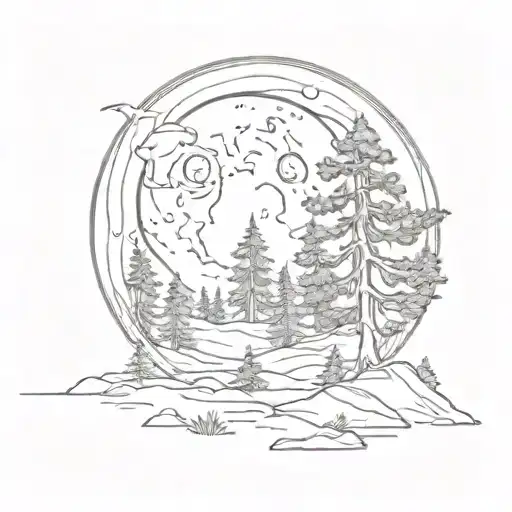 Moon And A Night Landscape With Pine Trees In The Background
