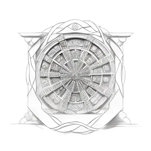 A Wheel Of Time Symbol Intertwined With Ancient Roman Architecture In A Sketch Style
