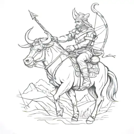 A Sketch Style Tattoo Of A Sagittarius Archer Riding An Ox Through A Musical Staff Landscape