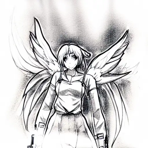 An Anime Angel Holds A Gun In His Stretched Out Hand