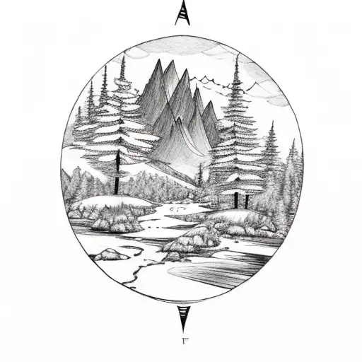 Mountain Scene With Trees And A River With A Compass
