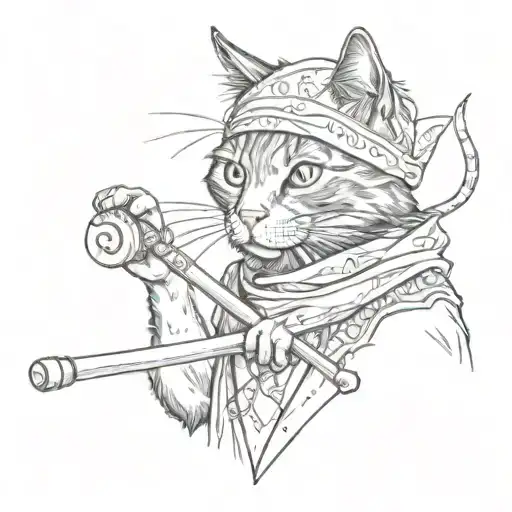 A Black Cat With A Bandana On His Head Holding A Drumstick In His Mouth At Full Height