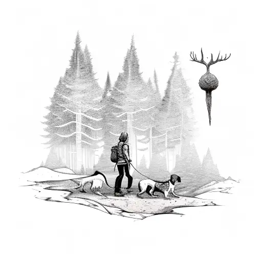 A Sketch-style Tattoo Of A Hiker And Their Loyal Dog Exploring A Tim Burton-esque Forest