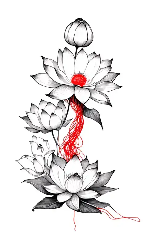 Black Lotus Flowers And Red Thread Flowy Spine Tattoo Dainty And Asian
