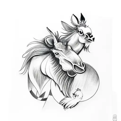 A Black And White Tattoo Design Depicting A Rooster And A Donkey Cuddling Beneath A Moonlight
