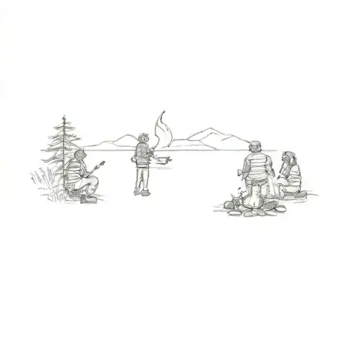 A Group Of People Around A Campfire With A Lake And Trees In The Background