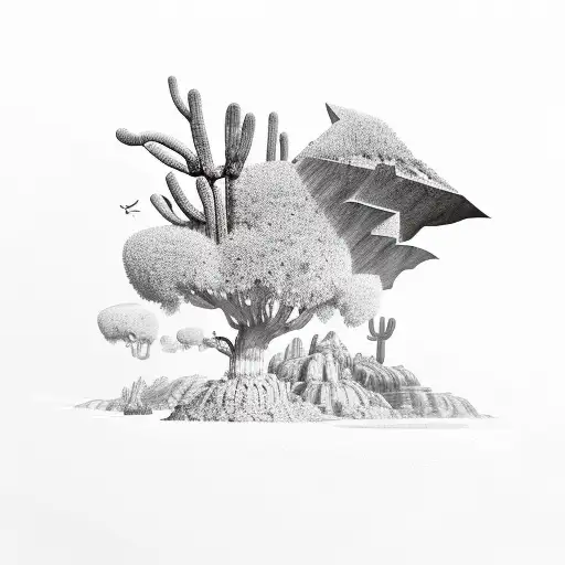 A Surreal Desert Landscape With A Giant Bat Flying Overhead
