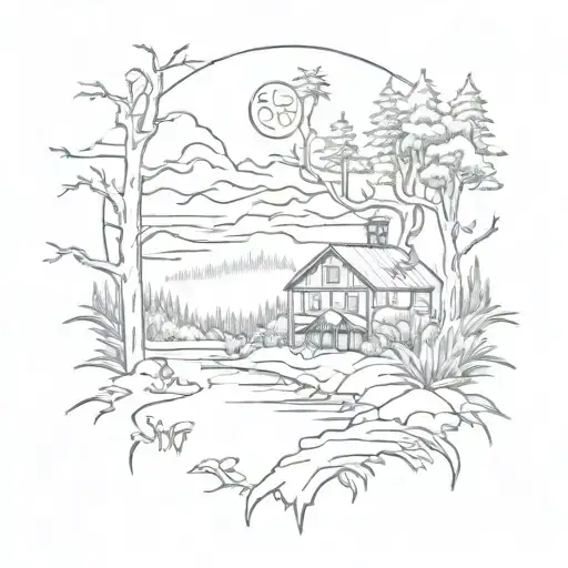 A Sketch Style Tattoo Of A Horror Movie Scene With Wildlife In The Background