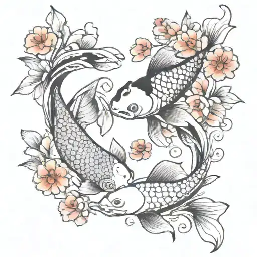 2 Yin Yang Koi Fish With Flowers In Them