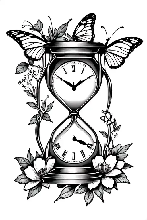 Gemini Hourglass With Clock And Flowers And Butterflies