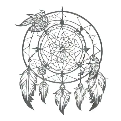 Dream Catcher With Feathers And Hourglass Compass