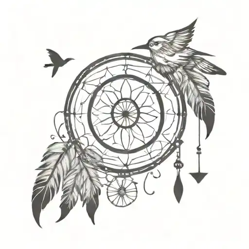 Dream Catcher With Feathers And Hourglass Compass Bird