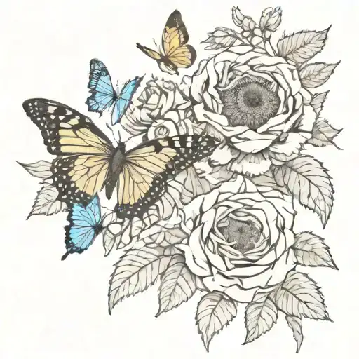 Sunflower And Butterflies And Roses