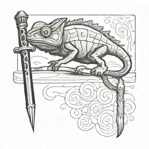 Chameleon Walking Over Fountain Pen That Turns Into A Sword