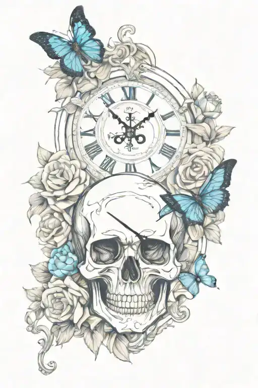 Blue Skull Clock Latin Rose Butterfly