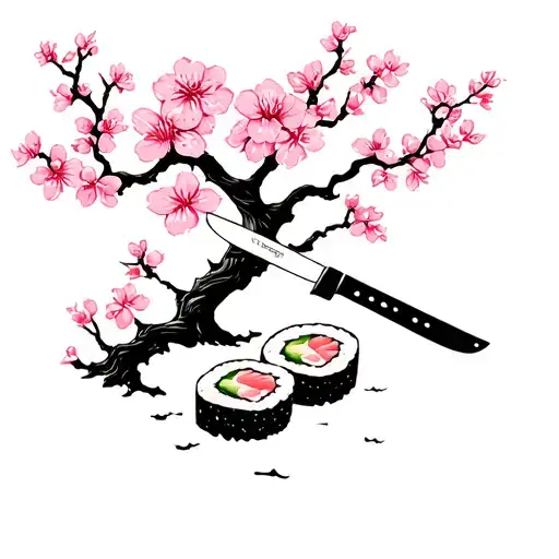 Sushi And Sakura Tree And Knife Black And White