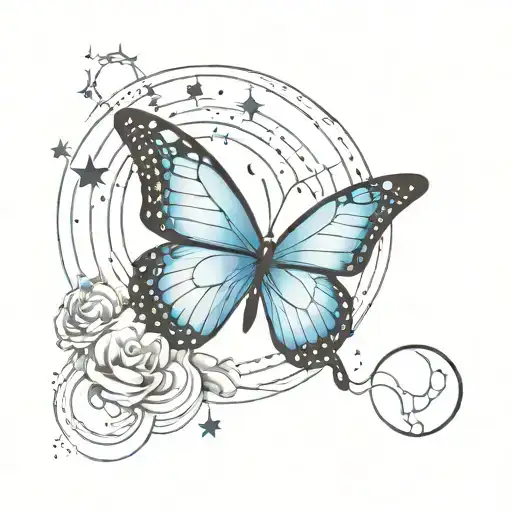 Blue Butterfly With Moon And Stars With Clouds In The Background And Small Lighting Bolts Giving