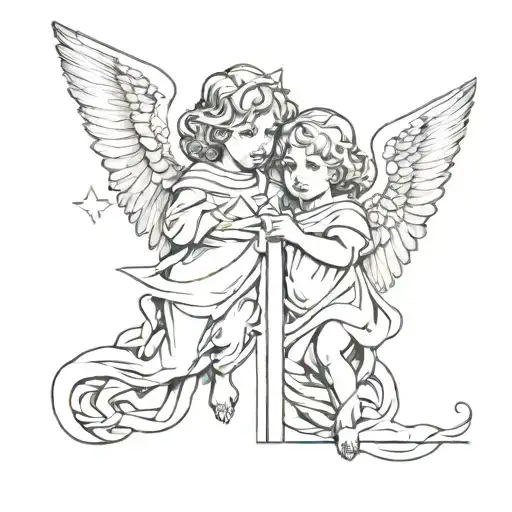 Two Little Angels With A Cross In Between