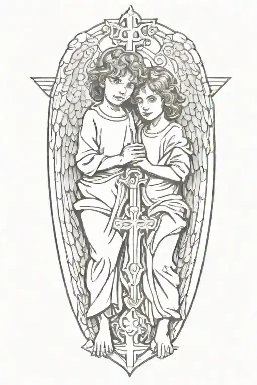 Two Little Angels With Cross In Between