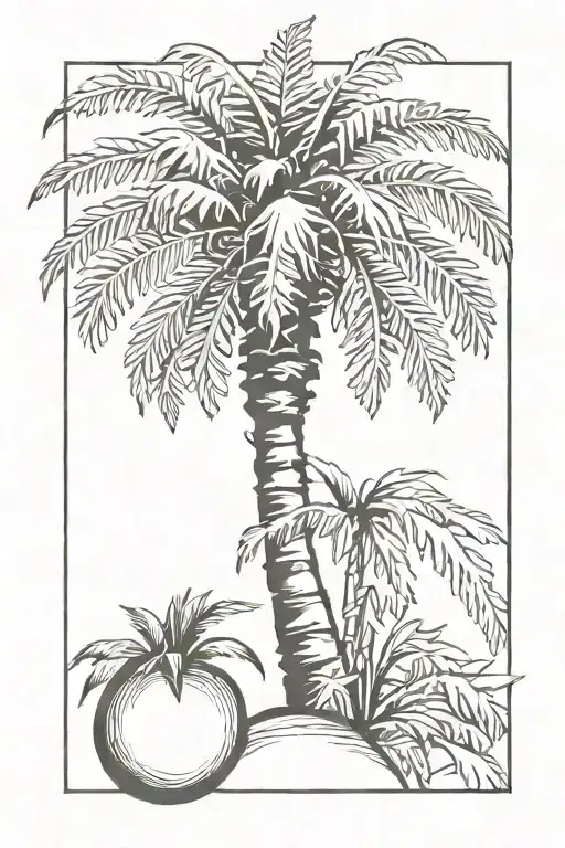 A Single Fine Line Image Of A California Palm Tree Growing From A Peach Fruit