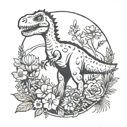 Cartoon Dinosaur And Flowers Surroundin