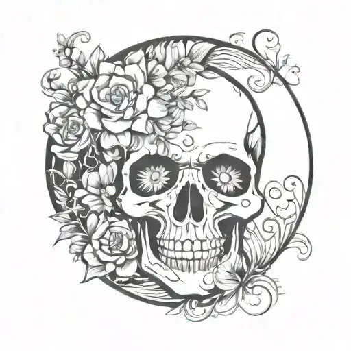 Skull In A Crescent With Flowers