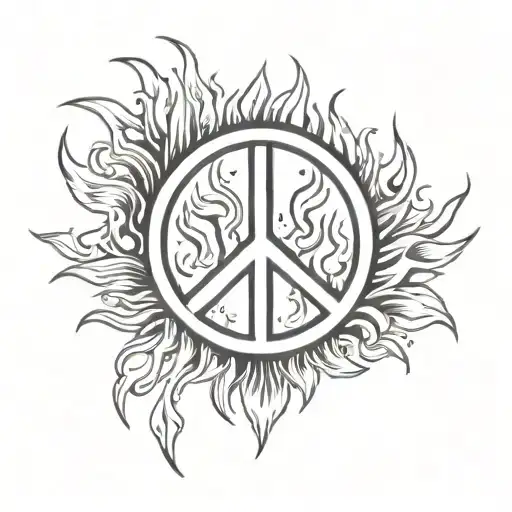 Peace Sign On Fire Flames Tattoo Design