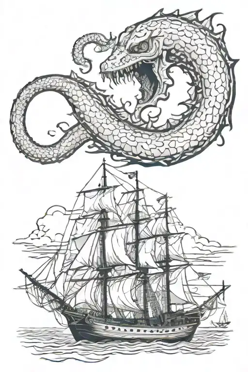 English Warship Ancient Mariner Crescent Moon Sea Monster Tentacles