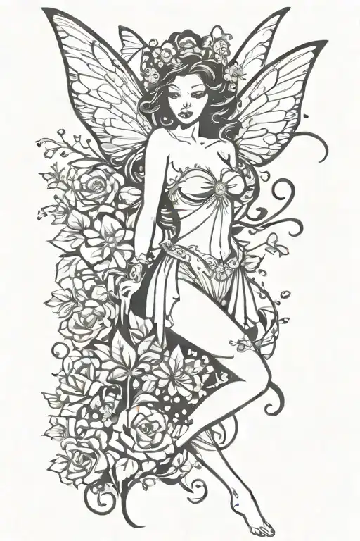 Whimsical Fairy With Wings Pinup With Flower Hat