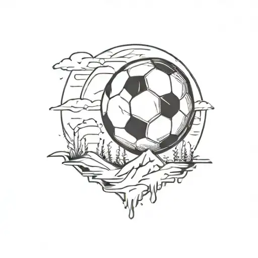 A Minimalist Tattoo Of A Soccer Ball With A Scenic Landscape In The Background