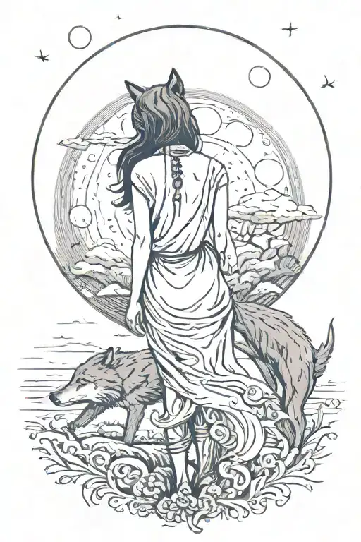 A Woman From The Back With A Wolf And Moon