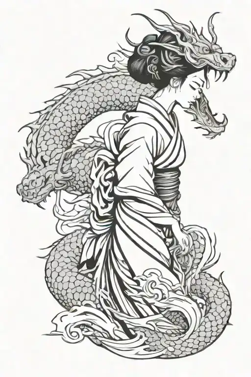 Japanese Geisha With Scary Dragon Wrapped