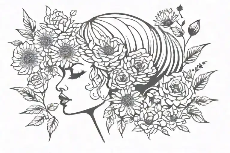 Tattoo With Roses & Dandelions Then At The Bottom A Floral Hair Covering African Lady Eyes