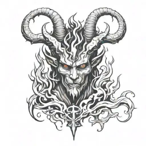 A Dark And Haunting Tattoo Of The Devil Lord With A Background Of Flames And Demonic Figures With
