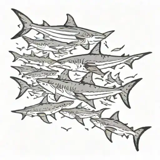 A Tattoo Of A Group Of Sharks Swimming In Unison From A Birds Eye View