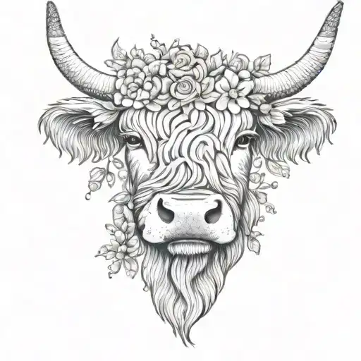 Create A Dotwork Tattoo Of A Scottish Highland Cow With A Crown Of Flowers On Its Head