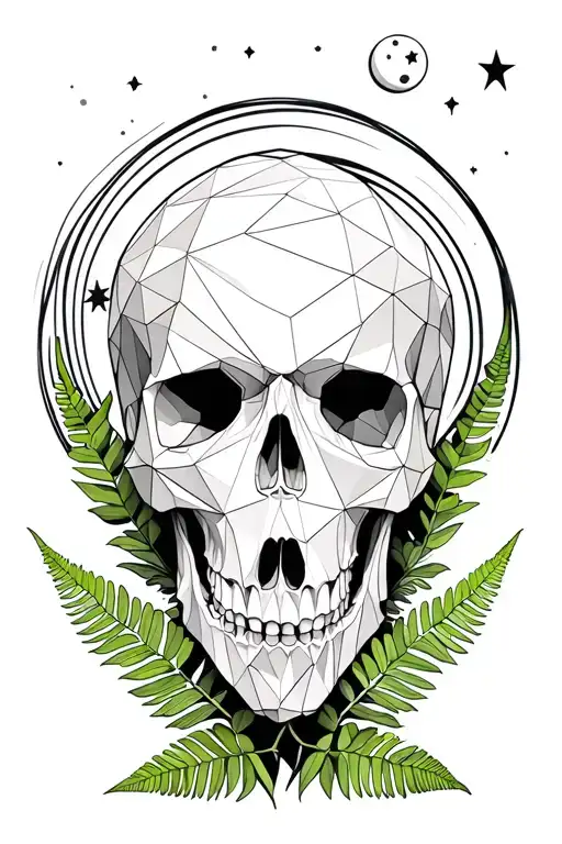 Low Polygon Skull With Green Ferns Spiralling Around It Looking Up To Moon And Stars Above