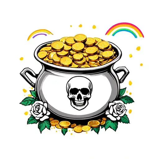 Pot Of Gold Coins With Skulls And Roses And Rainbow