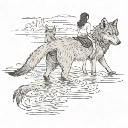 A Woman With Her Back To A Wolf In A Lake