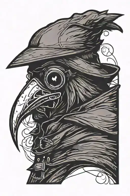 Raven With A Plague Doctor Mask And Head Drawn In A Minimalist Style