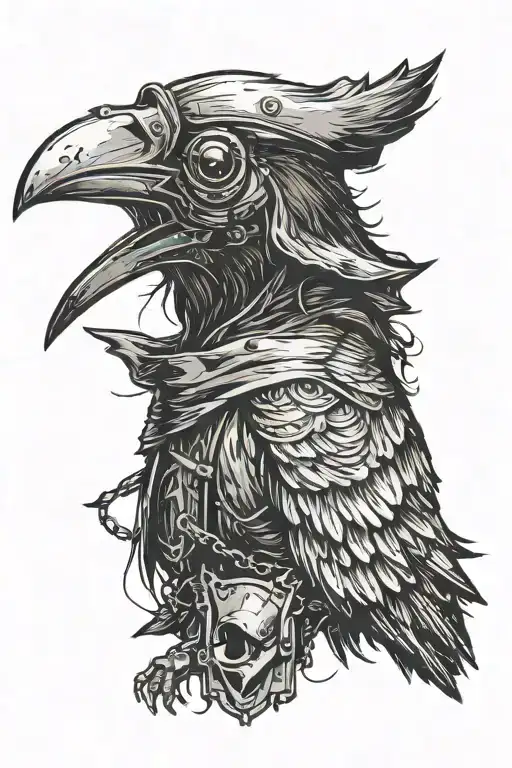 Raven With A Bird Body And A Plague Doctor Mask And Head Drawn In A Minimalist Style