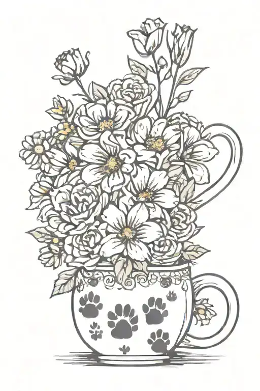 A Coffee Mug Designed With Cat Paw Prints And Filled With A Flower Bouquet